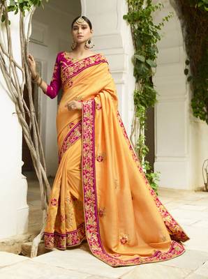 Yellow Embroidered Silk Blend Saree With Blouse 1