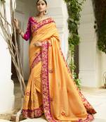 Yellow Embroidered Silk Blend Saree With Blouse