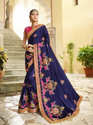 Blue Embroidered Silk Blend Saree With Blouse 1