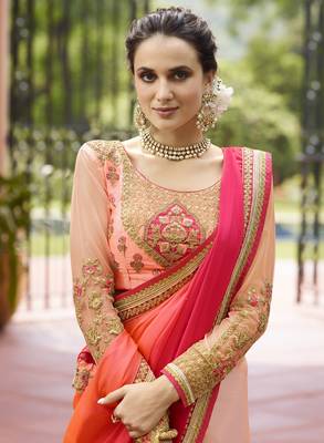 Peach Embroidered Silk Blend Saree With Blouse 2