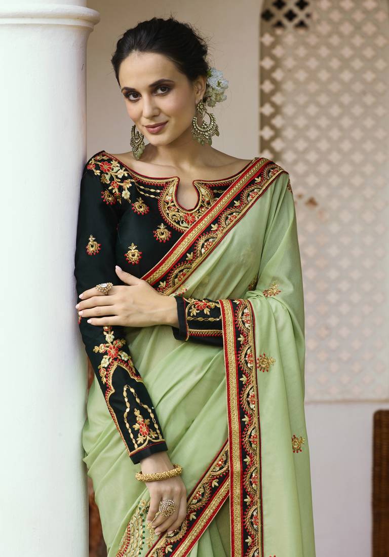 Parrot Green Foil Rose Saree with Gota Blouse