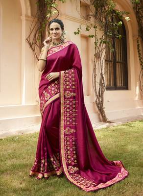 Wine Embroidered Silk Blend Saree With Blouse 1
