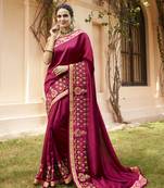 Wine Embroidered Silk Blend Saree With Blouse