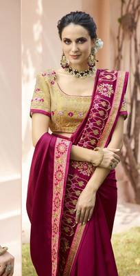 Wine Embroidered Silk Blend Saree With Blouse 2