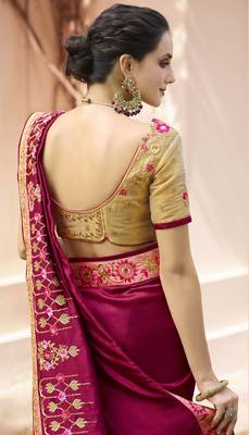 Wine Embroidered Silk Blend Saree With Blouse 3