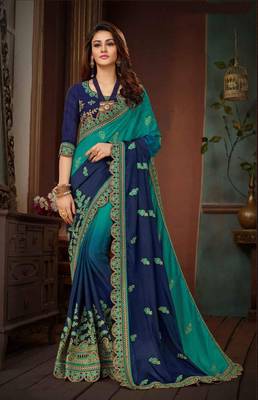 Navy Blue Embroidered Silk Blend Saree With Blouse 1