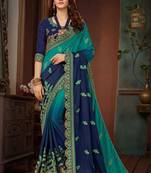 Navy Blue Embroidered Silk Blend Saree With Blouse