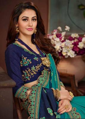 Navy Blue Embroidered Silk Blend Saree With Blouse 2