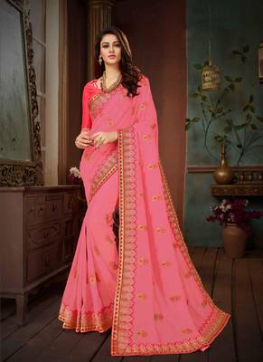 Pink Embroidered Silk Blend Saree With Blouse 1