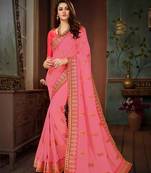 Pink Embroidered Silk Blend Saree With Blouse