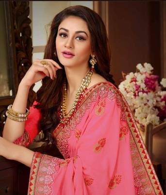 Pink Embroidered Silk Blend Saree With Blouse 2
