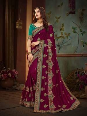 Maroon Embroidered Silk Blend Saree With Blouse 1