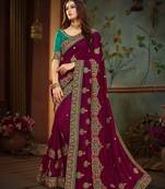 Maroon Embroidered Silk Blend Saree With Blouse
