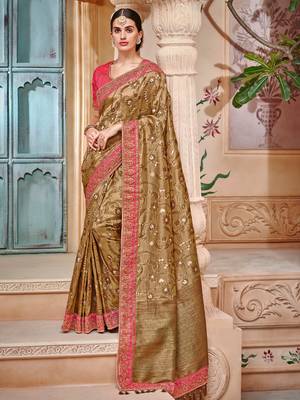 Olive Embroidered Silk Blend Saree With Blouse 1