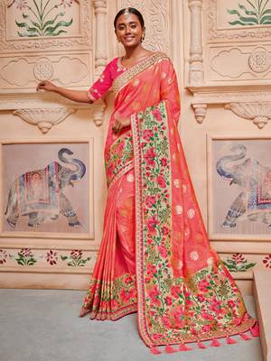 Coral Embroidered Silk Blend Saree With Blouse 1