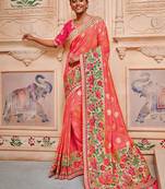 Coral Embroidered Silk Blend Saree With Blouse
