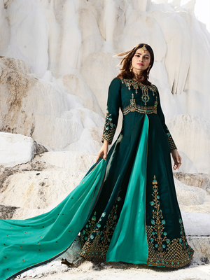 Designer Turquoise Embroidered Long Anarkali Suit 1