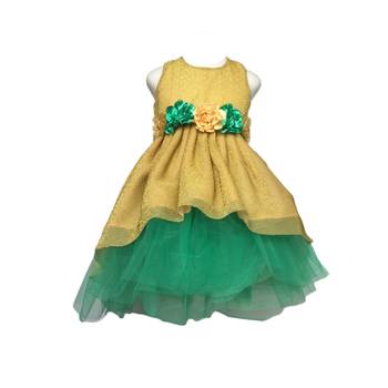 Gold plain net kids-frocks 1