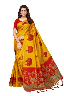 Mustard printed poly silk saree with blouse 1