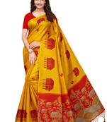 Mustard printed poly silk saree with blouse