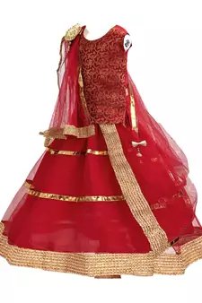 Red plain net stitched lehenga