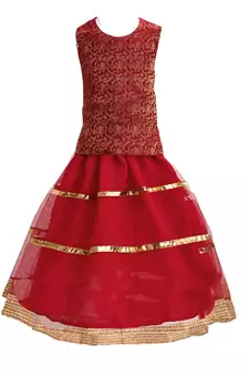 Red plain net stitched lehenga