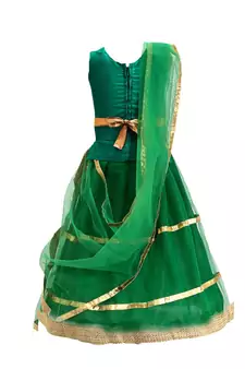 Green plain net stitched sleeveless lehenga