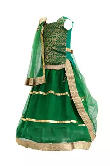 Green plain net stitched sleeveless lehenga