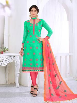 Green embroidered cotton salwar with dupatta 1