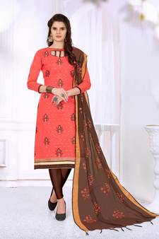Light-Red Embroidered Cotton Salwar With Dupatta