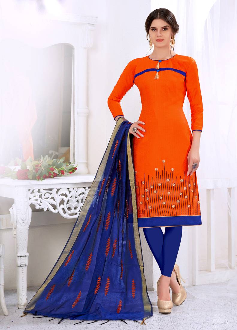 Orange embroidered cotton salwar with dupatta