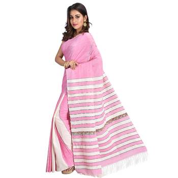 Baby pink hand woven cotton saree with blouse 2