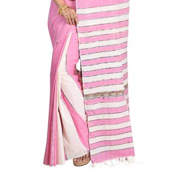 Baby pink hand woven cotton saree with blouse 4