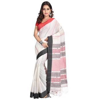 White hand woven cotton saree with blouse 1
