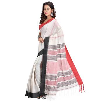White hand woven cotton saree with blouse 2