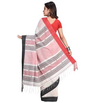 White hand woven cotton saree with blouse 3