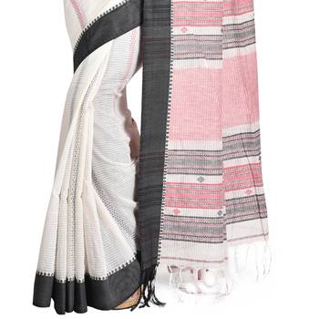 White hand woven cotton saree with blouse 4