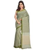 Dark green hand woven cotton saree with blouse