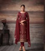 Maroon embroidered georgette semi stitched salwar with dupatta