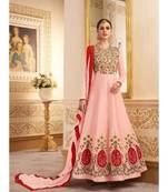 Pink embroidered maslin semi stitched salwar with dupatta