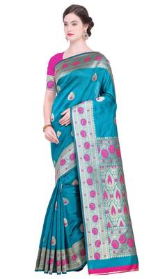 Turquoise Woven Poly Silk Saree With Blouse 1