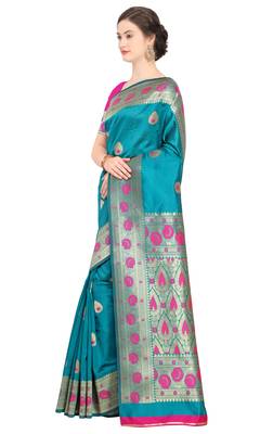 Turquoise Woven Poly Silk Saree With Blouse 2