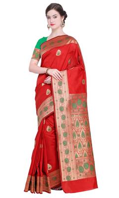 Red Woven Poly Silk Saree With Blouse 1