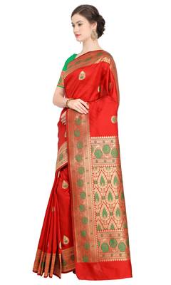 Red Woven Poly Silk Saree With Blouse 2