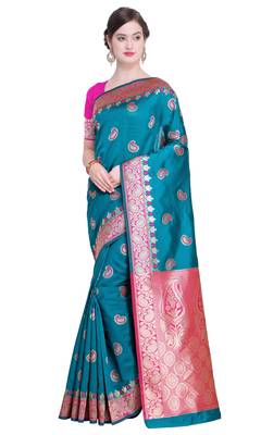 Turquoise Woven Poly Silk Saree With Blouse 1