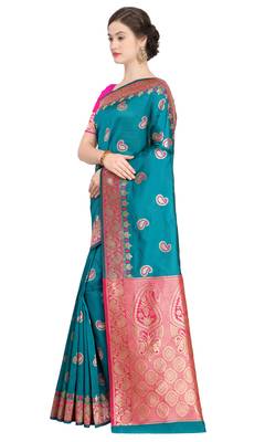 Turquoise Woven Poly Silk Saree With Blouse 2