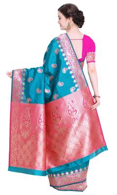 Turquoise Woven Poly Silk Saree With Blouse 3