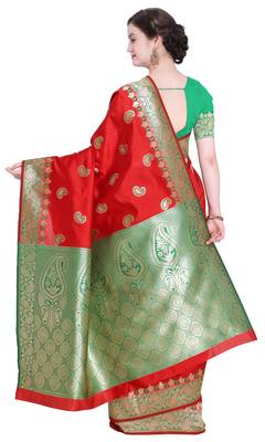 Red Woven Poly Silk Saree With Blouse 3