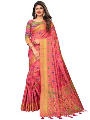 Peach woven jacquard saree with blouse 1