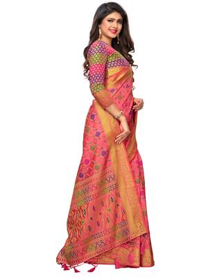 Peach woven jacquard saree with blouse 3